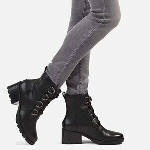 Sorel Cate Lace Up Lug Sole Moto Boots in Black 8.5